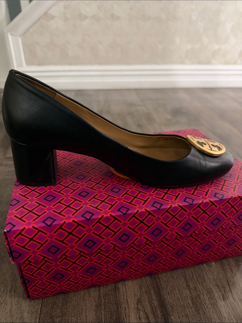 Tory Burch Black Leather Block Heel Pump with Gold Logo